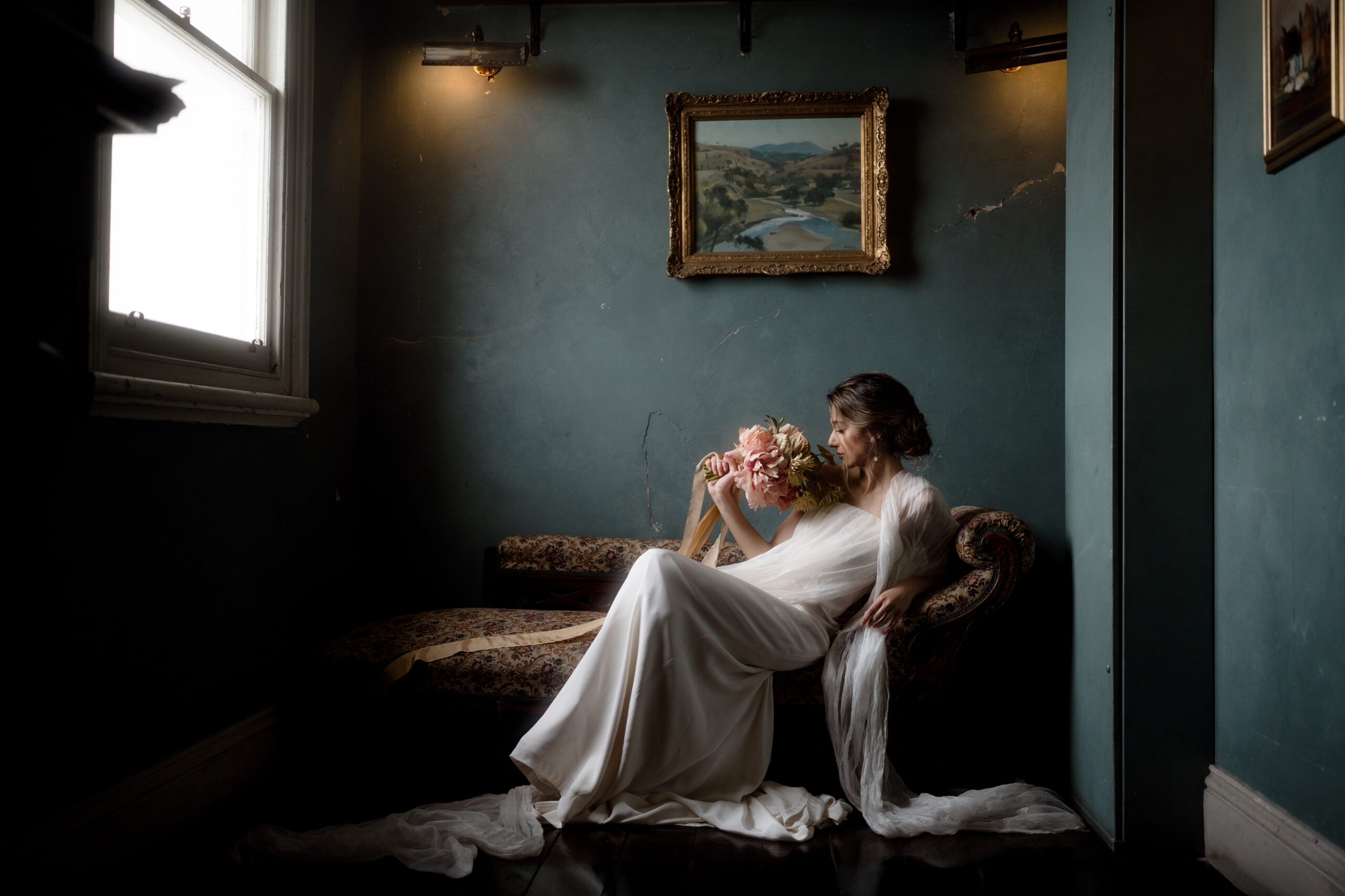 Bride Poses On Couch At The Hotel Esplanade In St Kilda